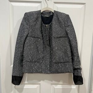 Zac Posen Jacket Womens Size 6 Tweed Blazer‎ Black White Gold Zip Front